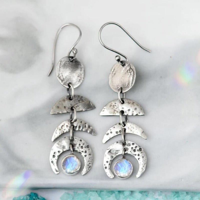 Wholesale Bohemian Retro Moon Phase Moonstone Long Women's Alloy Earrings